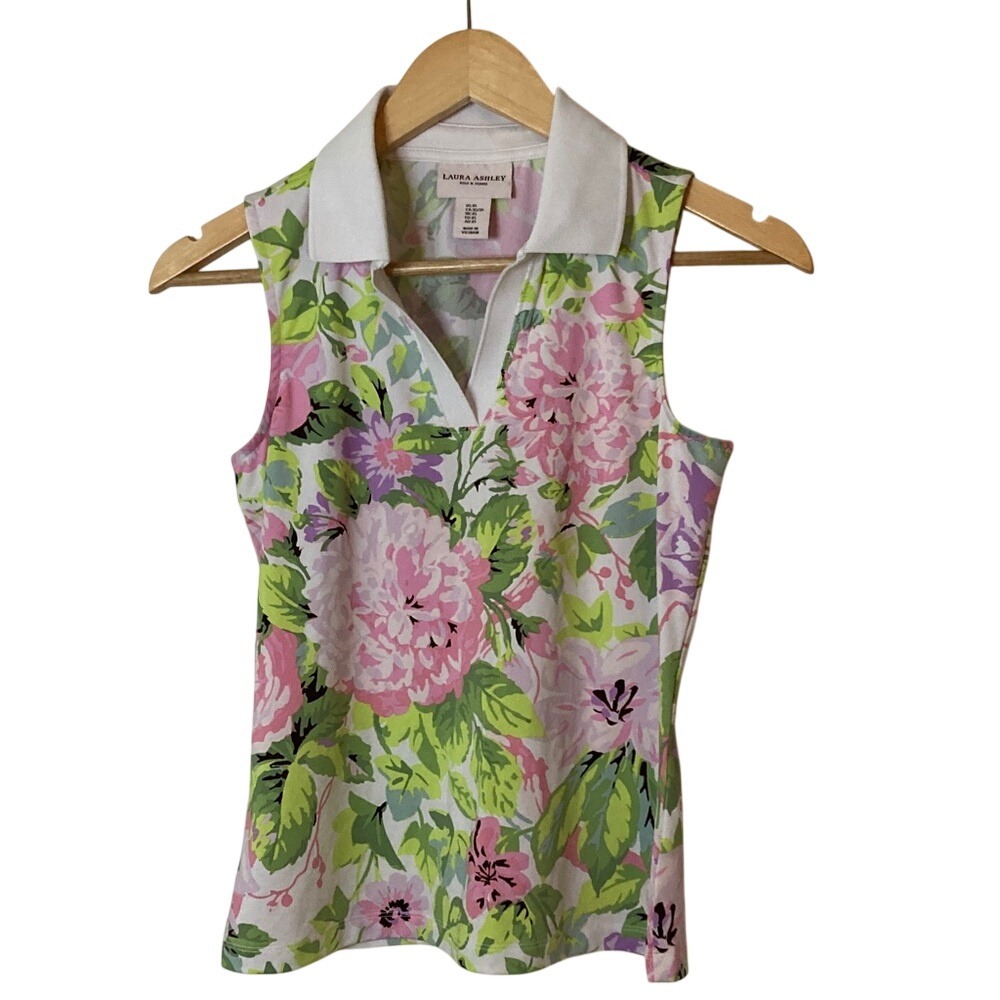 Laura Ashley‎ Womens Pink Green Floral Tank Size XS Golf Tennis Summer Beach